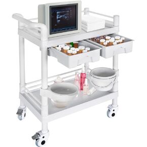 Medical Mobile Trolley Cart 2-Shelf 220 LBS Max Load Rolling Utility Cart Heavy Duty Beauty Salon Storage Cart with Drawers Dirt Buckets Rotate Wheels 2 Brake for Hospital Dental Clinic Home
