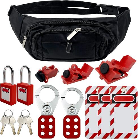 مجموعة Lockout Tagout Kit الكهربائية - مشابك قفل المجموعة، علامات القفل، أقفال أمان مع أرقام، أربطة نايلون مع حقيبة جيب (طقم أحمر) in Kuwait