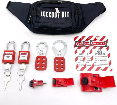 مجموعة Lockout Tagout Kit الكهربائية - مشابك قفل المجموعة، علامات القفل، أقفال أمان مع أرقام، أربطة نايلون مع حقيبة جيب (طقم أحمر) in Kuwait