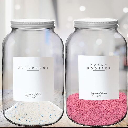 حاويات تخزين زجاجية للمسحوق - 2 برطمان سعة 1 جالون مع غطاء معدني ابيض، حامل منظفات الغسيل، حاوية غسيل الملابس، منظم غرفة الغسيل، حاوية منظفات الغسيل مي ديكور in Kuwait