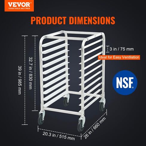 VEVOR Bun Pan Rack, 20-Tier Commercial Bakery Racks with Brake Wheels, Aluminum Racking Trolley Storage for Half & Full Sheet, Speed Rack For Kitchen Home, Bread Baking Equipment, 26"L x 20.4"W x 70"H in Saudi Arabia