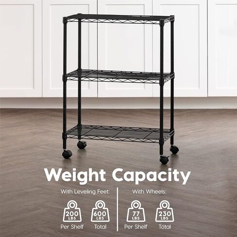 IRIS USA 3-Tier Steel Storage Rack with Removable Casters, Rolling Adjustable with Metal Shelf Cart, Black in Kuwait