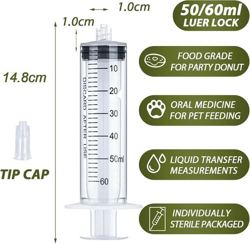 60mL Luer Lock Syringe 4 Pack Large Plastic Sterile Syringes without Needle, for Liquid, Oral, Measurement, Dispensing, with Cap 50mL/60cc in Kuwait