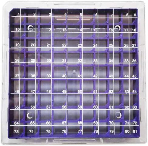 صناديق التجميد من البولي كربونات، رف قارورة CryoBox من البولي كربونات، تخزين الفريزر، 9 × 9 مصفوفة، 81 مكان، الطول 130 مم × العرض 130 مم × الارتفاع 52 مم. مناسب لصندوق التجميد بالتبريد سعة 2 مل (أرجواني (عبوة واحدة)) in Kuwait