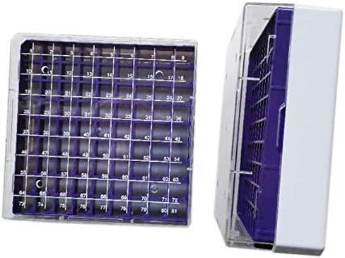 صناديق التجميد من البولي كربونات، رف قارورة CryoBox من البولي كربونات، تخزين الفريزر، 9 × 9 مصفوفة، 81 مكان، الطول 130 مم × العرض 130 مم × الارتفاع 52 مم. مناسب لصندوق التجميد بالتبريد سعة 2 مل (أرجواني (عبوة واحدة)) in Kuwait