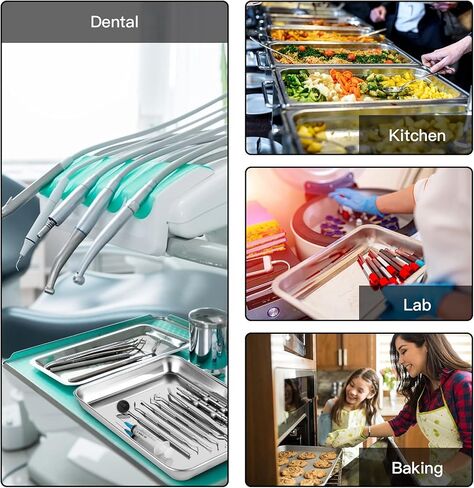 صينية من الستانلس ستيل، 3 قطع من صواني طبية جراحية معدنية فاخرة لتنظيم ادوات التاتو ومستلزمات الحمام والمختبرات وادوات طب الاسنان والخبز في المطبخ، 10.5 × 8 × 1 انش in Kuwait