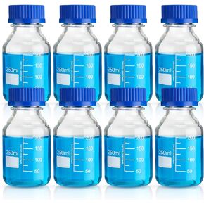 Irenare 8 Pieces Media Storage Bottles Borosilicate Storage Glass Bottle Scientific Round Graduated Media Bottle with Blue GL45 Screw Cap for Lab Water Reagent Liquids (250 ml)