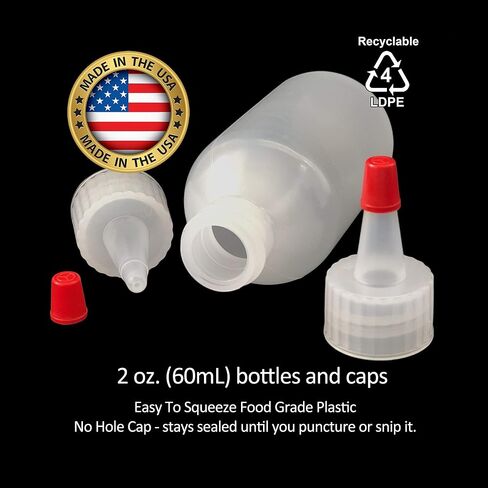 Yorker Squeeze Bottles (2oz, 25 Pack) Boston Round with Red Tip Caps - LDPE Plastic - Made in USA in Saudi Arabia