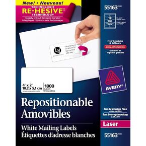 Avery Repositionable Printable Shipping Labels with Sure Feed, 2" x 4", White, 250 Blank Mailing Labels (58163)