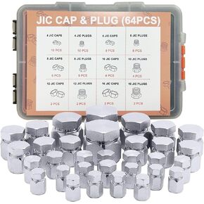 64 Pcs Hydraulic Hose Caps and Plugs Kit, 37° JIC Cap and Plug Assortment Kit, Heavy Duty Seal Adapter Kit with Precision Threads, Steel Flare Fitting Set, Dash Sizes 4 6 8 10 12 16