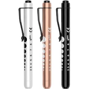 RISEMART 3packs Pen Lights for Nurses, Reusable Medical Pen Light with Pupil Gauge and Ruler, White Light LED Penlight for Nurse Student Doctors EMT(Black/Gold/White)