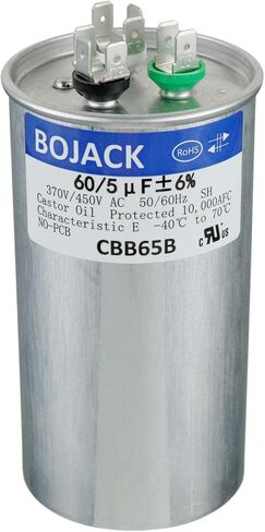 BOJACK 60 + 5 فائق التوهج 60/5MFD ±6% 370 فولت/440 فولت CBB65 مكثف تشغيل دائري مزدوج لتشغيل محرك التيار المتردد أو تشغيل المروحة أو المكثف بشكل مستقيم in Kuwait