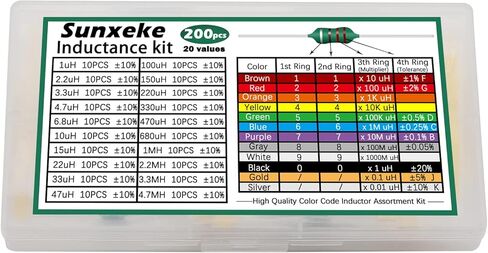 Sunxeke 200pcs Inductor Assortment Kit 1/2W 1 uH to 4.7 mH 20 Values Color Ring Inductor AL0410 N1-031 in Kuwait