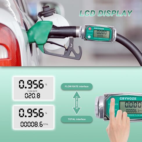 مقياس تدفق الوقود التوربيني الرقمي مقاس 1 بوصة من GRYVOZE، مقياس تدفق خيط NPT مضمن 2.6-26 GPM مع محولات 3/4 بوصة للمياه والديزل وزيت الغاز والبنزين والسوائل الأخرى - يدعم جالون، QTS، PTS، L، m³ in Kuwait