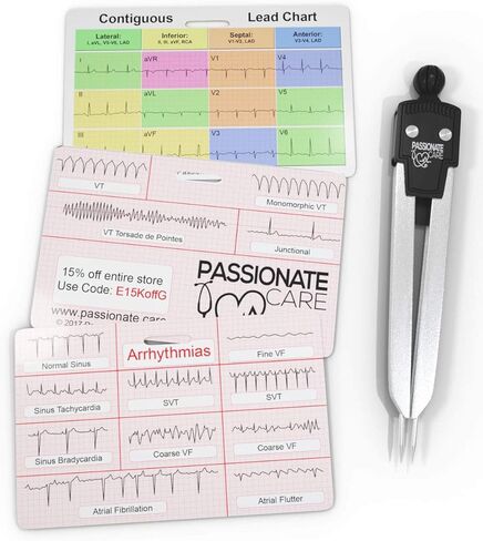 بطاقات شارة EKG الفرجار بلس ECG Rhythm مزيج مثالي للتقسيم 12 ورقة غش رئيسية للممرضات والطلاب الطبيين على الإطلاق. بطاقات الفرجار وفلاش ايديال in Kuwait