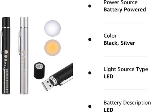 مصباح قلم Honoson، مصباح LED قابل لإعادة الاستخدام للطلاب والأطباء والممرضات مع مصدرين للضوء LED، قابل لإعادة الشحن عبر USB، لمبة إضاءة دافئة للغاية، مشبك جيب (أسود، قطعتان) in Kuwait