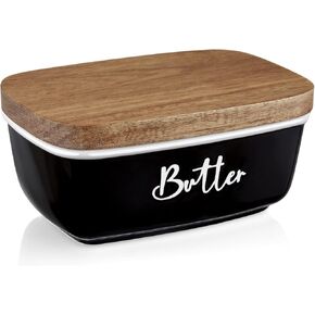 Black Butter Dish, ALELION Large Ceramic Butter Dish with Lid for Countertop, Butter Keeper Container with Acacia Wooden Lid, Kitchen Decor and Accessories for Counter