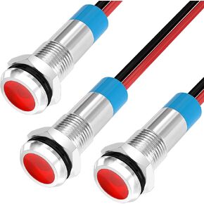 DaierTek LED Indicator Light 12V Waterproof Red Signal Light Waterproof 6MM 1/4" Metal 12 Volt Panel LED Indicator Signal Light Panel Mount Flat Head with Wires Silver Shell -3Pcs