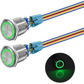 FICOLPO 2 Pcs 22mm 10 Amp Latching Push Button Switches with Ring Led Indicator, 7/8'' Mounting Hole 1NO 1NC Waterproof Self-Locking Metal Switch with Wire Socket for Industry, Automobile (Yellow)