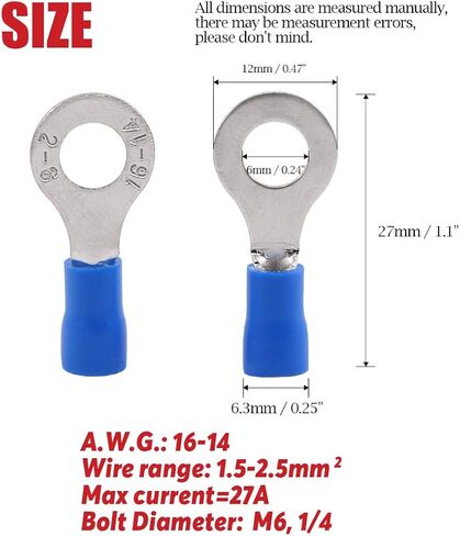 موصلات تجعيد الأسلاك الكهربائية بحلقة محطات معزولة 100 قطعة 16-14AWG من هيليتشي (أزرق، M6) in Kuwait