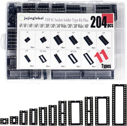 204 قطعة 11 أنواع DIP IC المقبس عدة 2.54 مللي متر 0.1 "الملعب 6 8 14 16 18 20 24 24 واسعة 28 28 واسعة 40 دبوس DIP IC المقبس اللحيم نوع محول مجموعة متنوعة in Kuwait