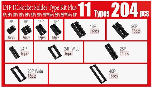 204 قطعة 11 أنواع DIP IC المقبس عدة 2.54 مللي متر 0.1 "الملعب 6 8 14 16 18 20 24 24 واسعة 28 28 واسعة 40 دبوس DIP IC المقبس اللحيم نوع محول مجموعة متنوعة in Kuwait