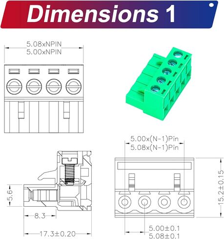Tcenofoxy 5.08mm Male & Female 2/3/4/5/6/7/8/9/10/11/12/13/14/15/16/18/20/24 Pin Phoenix Connector No Soldering Green PCB Screw Terminal Block Connector (4Sets 5.08MF-3Pin) in Kuwait