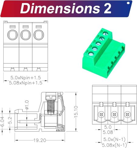 Tcenofoxy 5.08mm Male & Female 2/3/4/5/6/7/8/9/10/11/12/13/14/15/16/18/20/24 Pin Phoenix Connector No Soldering Green PCB Screw Terminal Block Connector (4Sets 5.08MF-3Pin) in Kuwait