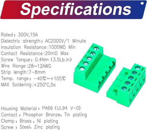 Tcenofoxy 5.08mm Male & Female 2/3/4/5/6/7/8/9/10/11/12/13/14/15/16/18/20/24 Pin Phoenix Connector No Soldering Green PCB Screw Terminal Block Connector (4Sets 5.08MF-3Pin) in Kuwait