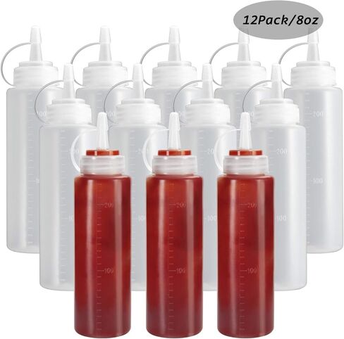 OAMCEG 8OZ Squeeze Bottles - 6 Pack Durable Plastic Condiment Bottles, Squirt Bottle with Discrete Measurements, for Ketchup, BBQ, Sauces, Syrup, Condiments, Dressings, Arts and Crafts in Kuwait