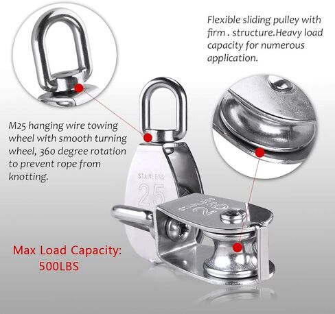 قطعتان من كتلة البكرة المفردة M25 مع 3 قطع حلقة تسلق بخطاف زنبركي، بكرة بكرة من الفولاذ المقاوم للصدأ 304 شديدة التحمل وخطاطيف زنبركية 3 بوصة، خطاف سلكي لرافعة بولي تحميل 331 رطل/150 كجم in Kuwait