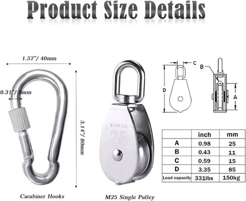 قطعتان من كتلة البكرة المفردة M25 مع 3 قطع حلقة تسلق بخطاف زنبركي، بكرة بكرة من الفولاذ المقاوم للصدأ 304 شديدة التحمل وخطاطيف زنبركية 3 بوصة، خطاف سلكي لرافعة بولي تحميل 331 رطل/150 كجم in Kuwait