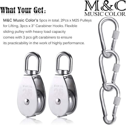 قطعتان من كتلة البكرة المفردة M25 مع 3 قطع حلقة تسلق بخطاف زنبركي، بكرة بكرة من الفولاذ المقاوم للصدأ 304 شديدة التحمل وخطاطيف زنبركية 3 بوصة، خطاف سلكي لرافعة بولي تحميل 331 رطل/150 كجم in Kuwait