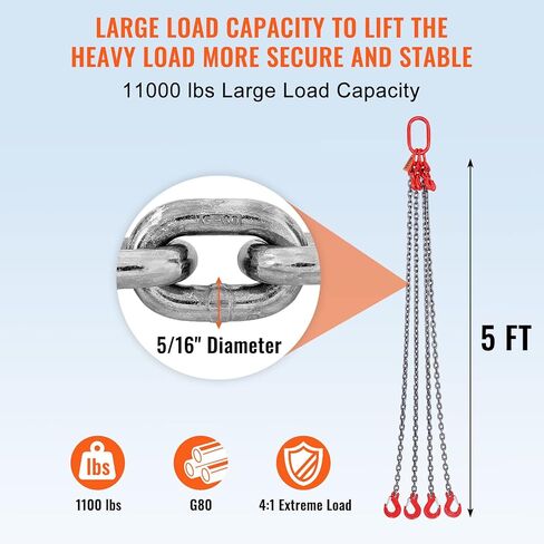 VEVOR سلسلة حبال، 5/16 بوصة × 5 قدم سلاسل رفع مع خطافات، G80 مصاعد سلسلة المحرك، 11000 رطل رفع سلاسل حبال لرفع المحرك، سلسلة رفع المحرك 5T مع 4 خطافات وضبط أرجل in Kuwait