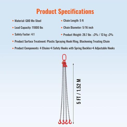 VEVOR سلسلة حبال، 5/16 بوصة × 5 قدم سلاسل رفع مع خطافات، G80 مصاعد سلسلة المحرك، 11000 رطل رفع سلاسل حبال لرفع المحرك، سلسلة رفع المحرك 5T مع 4 خطافات وضبط أرجل in Kuwait