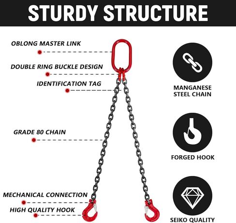 VENITOR 1/4" سلسلة حبال مع خطاف، 5 أقدام حبال سلسلة مزدوجة الساق، 4410 رطل سعة تحميل وضبط درجة 80 سبيكة محرك فولاذي سلسلة رافعة للآلات والموانئ ومواقع البناء - 2 طن in Kuwait