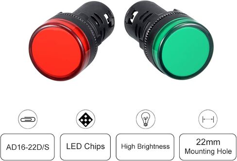 uxcell 2 قطعة ضوء مؤشر أحمر أخضر تيار متردد/تيار مستمر 110 فولت، حامل لوحة 22 مم، للوحة التحكم الكهربائية، HVAC، مشاريع DIY in Kuwait