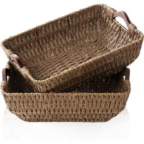 FairyHaus Hand-Woven Wicker Storage Basket with Natural Wooden Handles Set of 2, Recyclable & Renewable Paper Rope, 15x10x5 Wicker Baskets for Storage, Brown
