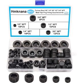 Hmknana 60PCS Black Carbon Steel Pipe Plug Fitting Assortment Kit 5 Sizes 1/8" 1/4" 3/8" 1/2" 3/4" NPT Male Pipe Plug Internal Hex Thread Socket for Sealing Pipe Port H-053 in Saudi Arabia