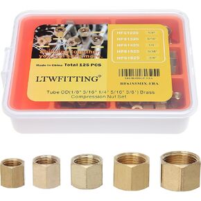 LTWFITTING Assortment Kit Tube OD 1/8" 3/16" 1/4" 5/16" 3/8" Brass Compression Nut Set (Pack of 125) in Kuwait