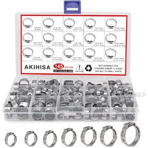 AKIHISA 180 PCS Single Ear Hose Clamps, 12 Sizes 5.3-33.1mm Crimp Hose Clamps with Ear Clamps Pincer, 304 Stainless Steel Crimp Pinch Fitting Tools Kit