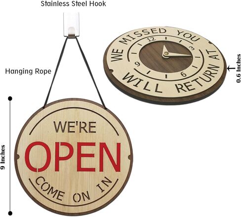 لافتة عمل دائرية من لوكاوس، بتصميم وجه مبتسم سعيد للافتة المفتوحة والمغلقة، خشبية "Come On In" وساعات قابلة للتغيير من أجل لافتة "Will Return At"، 22.86 سم مستديرة مزدوجة الجانب ساعات من التشغيل. in Kuwait