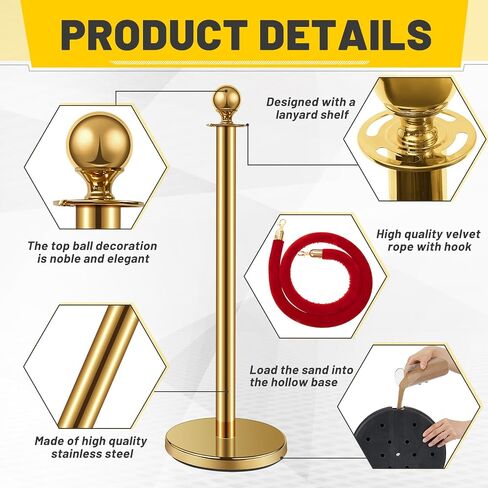 Stainless Steel Stanchion Post Queue 5 ft Red Velvet Rope Red Carpet Ropes and Poles Crowd Control Barriers Sand Injection Hollow Base and Velvet Ropes Set for Party Supplies (6 Pieces, Gold) in Kuwait