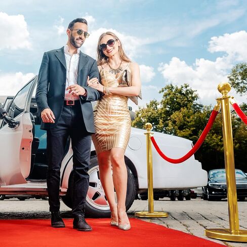 Stainless Steel Stanchion Post Queue 5 ft Red Velvet Rope Red Carpet Ropes and Poles Crowd Control Barriers Sand Injection Hollow Base and Velvet Ropes Set for Party Supplies (6 Pieces, Gold) in Kuwait