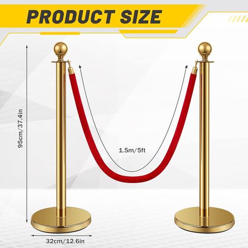 Stainless Steel Stanchion Post Queue 5 ft Red Velvet Rope Red Carpet Ropes and Poles Crowd Control Barriers Sand Injection Hollow Base and Velvet Ropes Set for Party Supplies (6 Pieces, Gold) in Kuwait