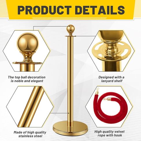 Stainless Steel Stanchion Post Queue 5 ft Red Velvet Rope Red Carpet Ropes and Poles Crowd Control Barriers Sand Injection Hollow Base and Velvet Ropes Set for Party Supplies (6 Pieces, Gold) in Kuwait