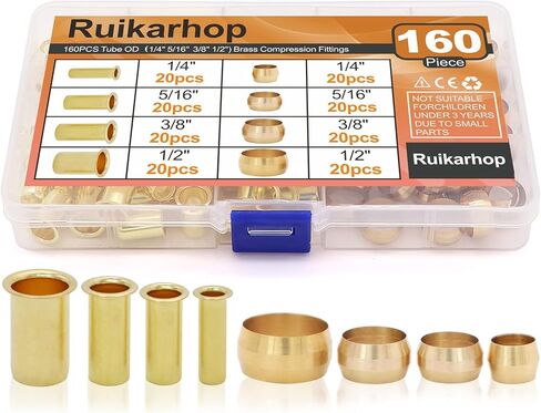 120 قطعة أنبوب OD(1/4" 3/8" 1/2") حلقات وأكمام ضغط نحاسية، 3 أحجام مجموعة تركيبات ضغط نحاسية in Kuwait