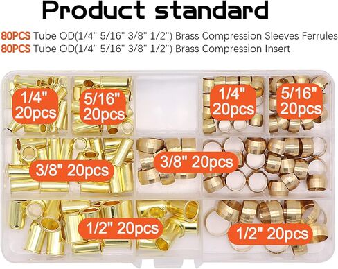 120 قطعة أنبوب OD(1/4" 3/8" 1/2") حلقات وأكمام ضغط نحاسية، 3 أحجام مجموعة تركيبات ضغط نحاسية in Kuwait