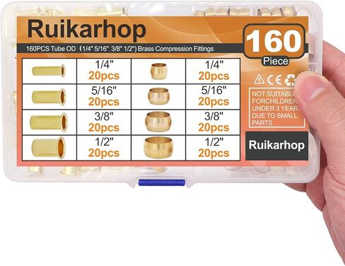 120 قطعة أنبوب OD(1/4" 3/8" 1/2") حلقات وأكمام ضغط نحاسية، 3 أحجام مجموعة تركيبات ضغط نحاسية in Kuwait