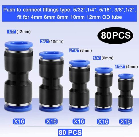 Quick Connect Straight Push Connectors,5/32" 1/4" 5/16" 3/8" 1/2 inch OD Push-to-Connect fittings,Quick Release Pneumatic Air Line Hose Fittings Kit for 4mm 6mm 8mm 10mm 12mm OD Tube (25 Pcs) in Kuwait
